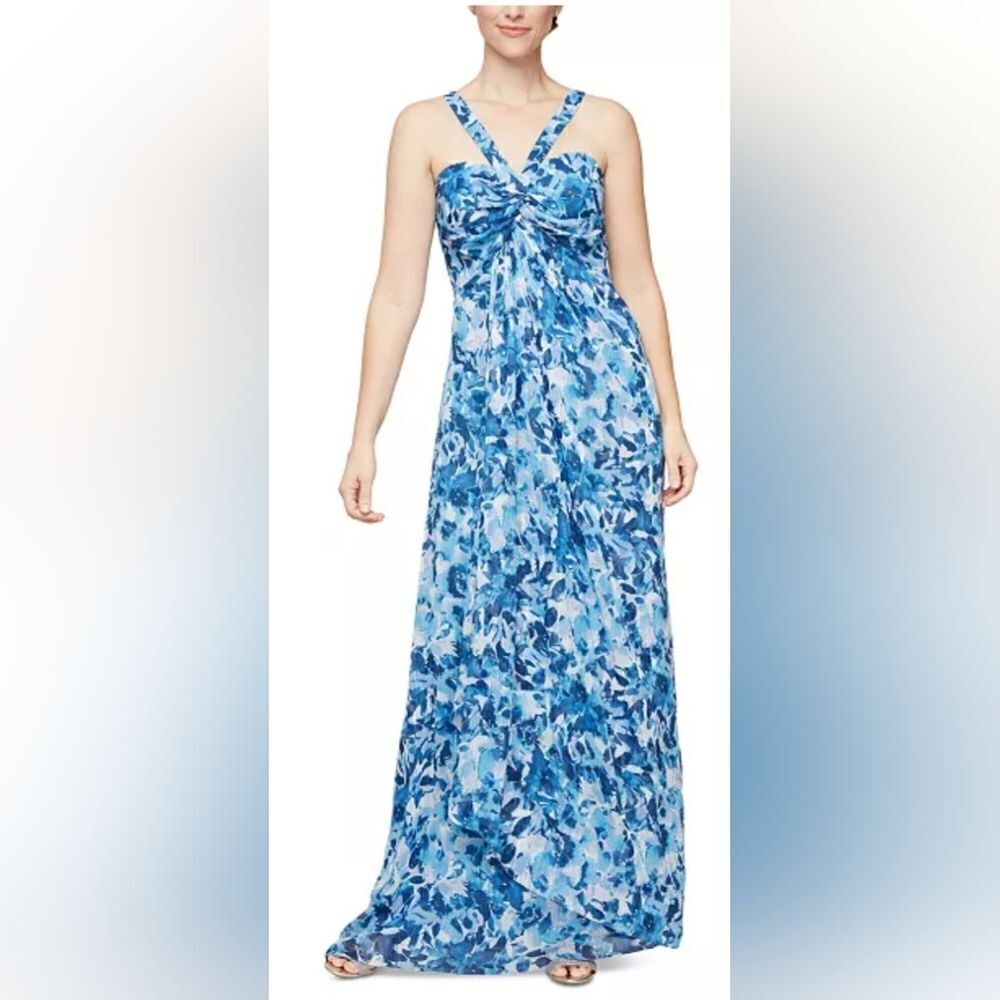 Alex & Eve Floral-Print Halter Gown NWOT size 12 Blue & White